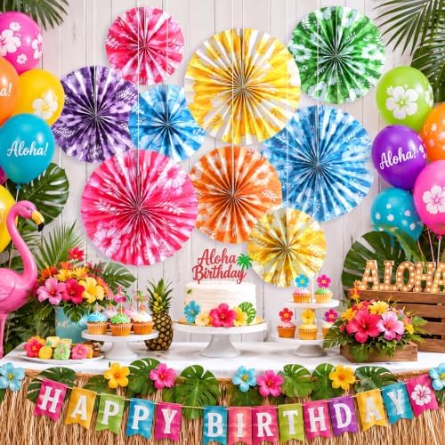 Outus 9 Pcs Tropical Hibiscus Paper Fans Hawaiian Party Decorations