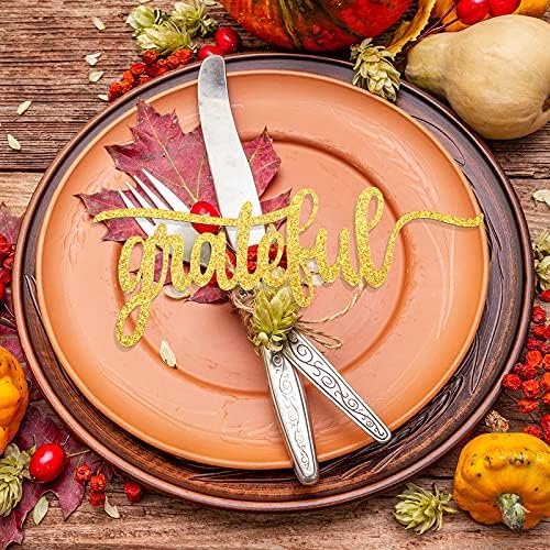 Zonon 30 Pcs Thanksgiving Thankful Table Decor, Gold Glitter Words Cutout