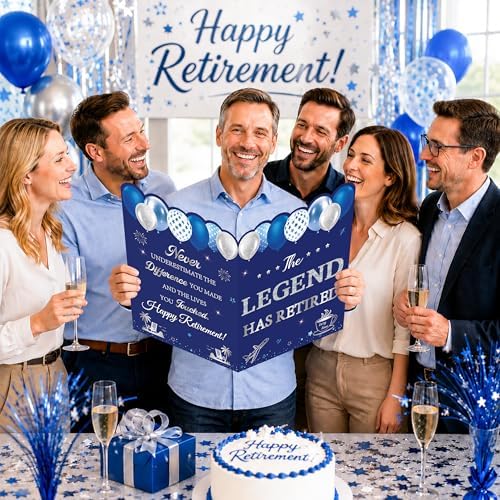 WNINK Blue Silver Retirement Card for Men Women, Jumbo Happy Retirement Guest Book Card with Envelope, Large Farewell Signing Card, The Legend Has Retired Party Decorations Gift
