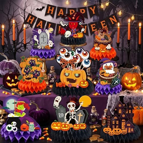 Halloween Decor - 9 PCS Pumpkin Witch Halloween Honeycomb Table Centerpiece