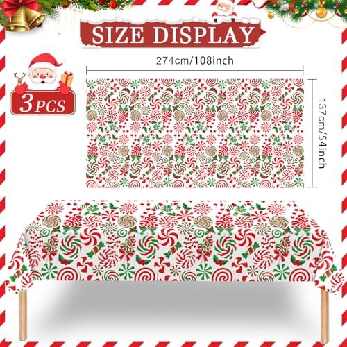 3-Piece 54 x 108 Inch Christmas Peppermint Plastic Tablecloth – Red and Green Disposable Rectangle Table Covers with Candy Cane and Lollipop Design for Holiday Christmas Winter Celebrations