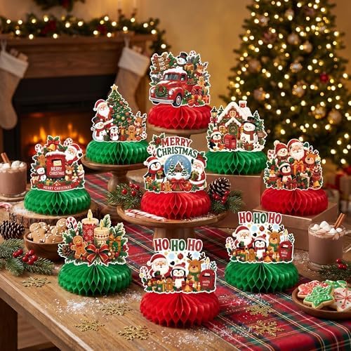 Christmas Decorations - 9 PCS Santa Snowman Reindeer Honeycomb for Christmas Table Decorations