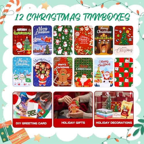 Thuodo 12 PCS Christmas Gift Card Tin Holder Boxes with Lids for Christmas Holiday Gift Box Set Metal Tin Small Boxes Stocking Stuffers Xmas Party Favors