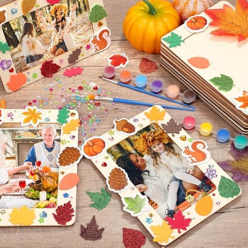 Fovths 24 Packs Fall Picture Frame Painting Craft Kit with Foam Stickers Rhinestone Stickers Painting Tools Set Brushes Unfinished Wooden Photo Frames Thanksgiving Decoration for Paint and Decorate