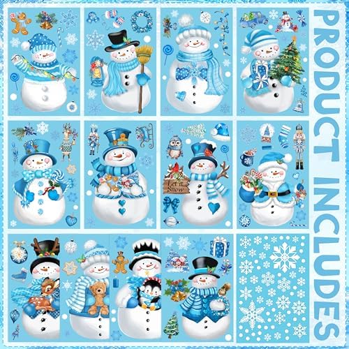 BORAMDO Christmas Window Clings 13 Sheets Snowflake Snowman Decorations