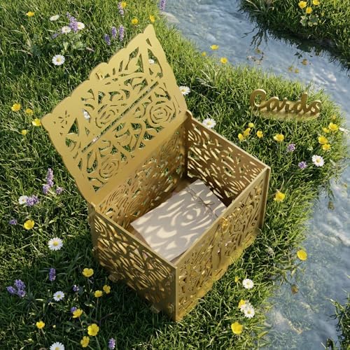 Jolik Bride and Groom Wedding Card Box with Sign, Large Rustic Locking Money Box Holder for Wedding Reception, Gift Card & Envelope Storage, DIY Anniversary & Birthday Party Decoration(Gold)