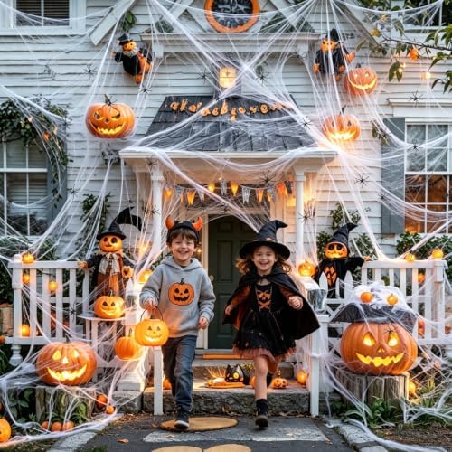 Famoby 1200 sqft Halloween Spider Webs and 50pcs Fake Spiders Super Stretch Cobwebs Party Decorate for Halloween Theme Indoor and Outdoor Decoration