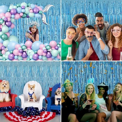 Blue Streamers Party Decorations 3.3x8.2ft 2 Pack Light Blue Tinsel Foil Fringe Curtain Backdrop Ocean Themed Party Decor Photo Booth Props for Birthday Baby Shower Bachelorette Door Hanging Wedding