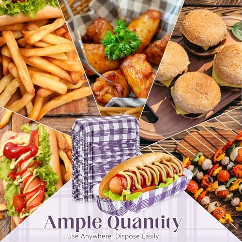 Yinkin 300 Pcs Paper Hot Dog Trays Food Trays 6 Inch,Purple,Checkered