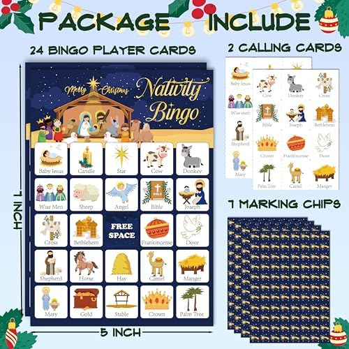 24-Person Christmas Bible Bingo Cards Set - Large Group Religious Party Games for Adults - Nativity Scene Sunday Church Activity Supplies - Christian Faith-Based Holiday Bingo Game