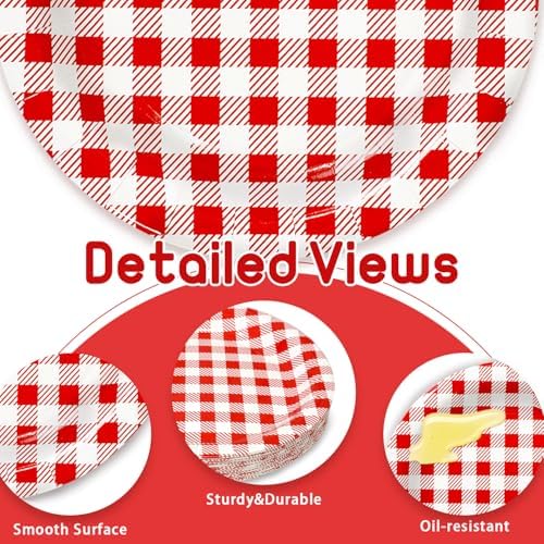 Vyntra 50 Pcs Red Gingham 9 Inch Round Paper Dinner Plates