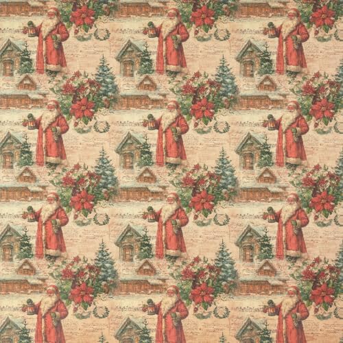 RUSPEPA Kraft Vintage Christmas Wrapping Paper Roll, Mini Roll, Classic Santa with Snowy Village & Poinsettia Design, Kraft Rustic Gift Wrap for Family, Holiday, Christmas, 17 Inches x 16.4 Feet