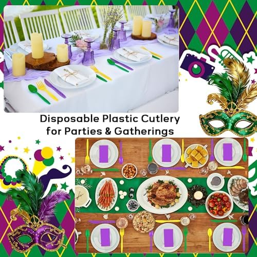 Kochorie 90 Pieces Mardi Gras Plastic Cutlery Set, Purple Yellow Green