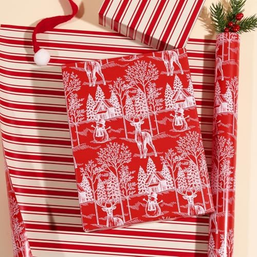 LaRibbons Red Christmas Wrapping Paper, Vintage Deer Winter Toile Design