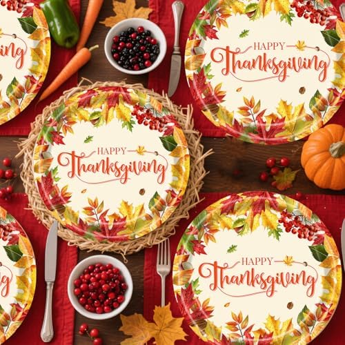 24pcs Thanksgiving Paper Plates Fall Party Supplies Disposable Dinnerware Tableware Maple Leaf-themed paper plates for Thanksgiving Dinner Party 9 in