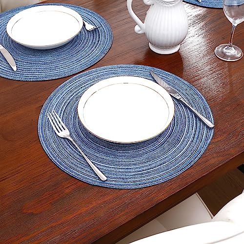 SHACOS Round Braided Placemats Set of 12 Circle Place Mats Cotton Polyester Kitchen Table Mats for Dining Table Wedding Party Decor (Blue Gray, 12)