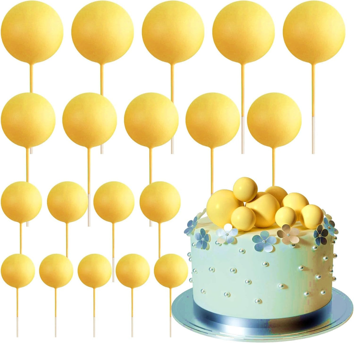 ASTARON 20 Pcs Foam Yellow Balls Cake Topper Decorations for Birthday Cake