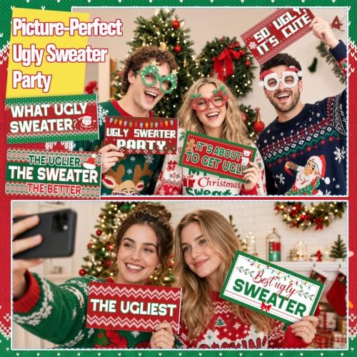 Beeveer 24 Designs Ugly Sweater Christmas Party Photo Booth Props Sign
