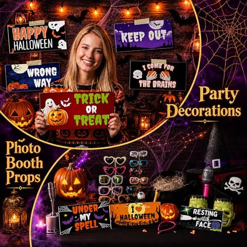 Beeveer 24 Designs Halloween Photo Booth Props Double Sided PVC Selfie Sign