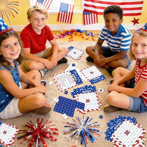 4th of July Bingo Game Set for 24 - Patriotic Party Activities, Independence Day Games for Family Reunion, School & Classroom Decorations – 5" x 7" Cards