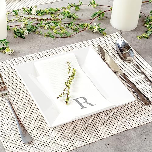 Luxenap 15.8 X 7.9 Inch Linen-Feel Guest Towels, 50 Lettered Hand Towels - Silver Letter 'R', Sans Serif Font, White Paper Dinner Napkins, airlaid, For Restrooms And Tables - Restaurantware