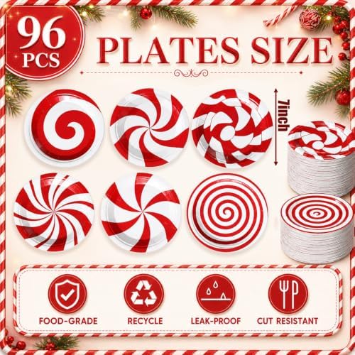 Fourluoo 96 Pcs Christmas Candy Paper Plates 7 Inch Christmas Disposable Peppermint Dinner Plates for Xmas Birthday Party Table Decoration Supplies