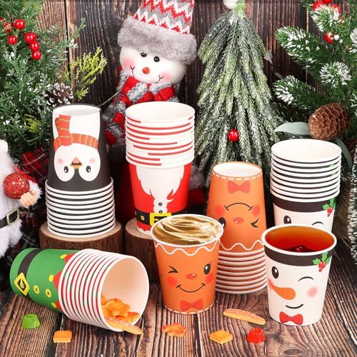 FOIMAS 50 PCS Christmas Paper Cups, 9 OZ Disposable Christmas Coffee Cups with Snowman Penguin Santa Claus Cup for Xmas Holiday Winter Party Supplies Hot and Cold Drinks Beverage