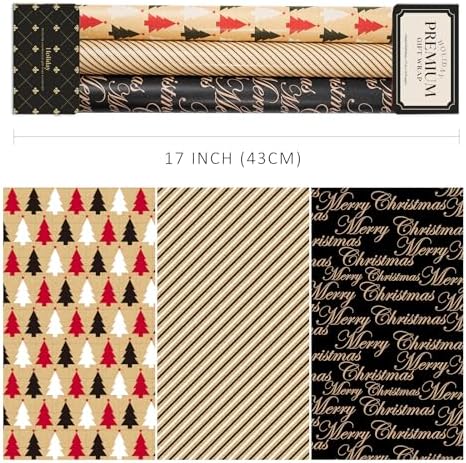 LaRibbons Kraft Christmas Wrapping Paper Set, Elegant Gift Wrap with Trees, Stripes & Merry Christmas, Black & Brown Holiday Paper with Cutlines for Xmas, Party Gifts, 17 inch x 10 ft -3 Rolls