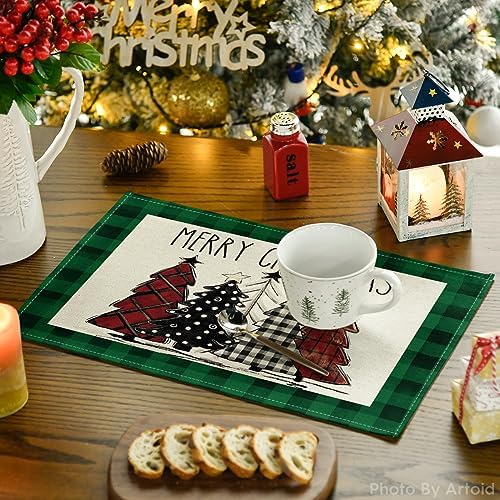 Artoid Mode Waterclor Green Buffalo Plaid Christmas Trees Placemats Set of 6, 12x18 Inch Winter Table Mats for Outdoor Home Party Kitchen Dining Decor