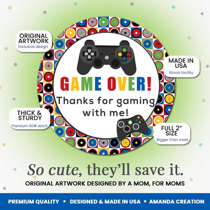 Video Game Thank You Stickers, 40 Pack 2-Inch Game Over Gamer Labels for Birthday Party Favors, Goodie Bags & Envelope Seals, Made in USA by Amanda Creation