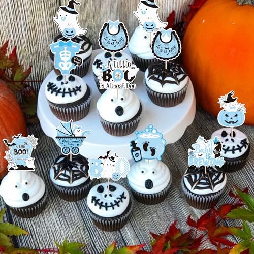 Rsstarxi 40 Pack Halloween Baby Shower Cupcake Topper Spooky Witch Cupcake Picks A Baby Is Brewing Cake Decorations for Happy Halloween Boo Gneder Reveal Boys Birthday Party Supplies Blue