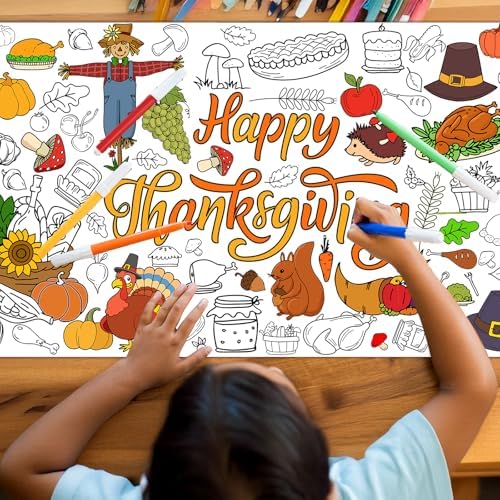Thanksgiving Coloring Tablecloth 31×72 in, Large Paper Table Cover with Pumpkins, Turkeys, Scarecrow and Harvest Designs, Holiday Party Coloring Poster for Activity Arts and Crafts