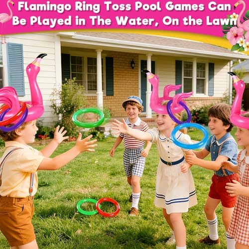 Camlinbo 15 Pcs Inflatable Flamingo Pool Toys Ring Toss Pool Game