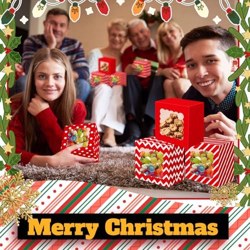48 Pcs Christmas Bakery Boxes with Window, White Red 4x4x2.5 In