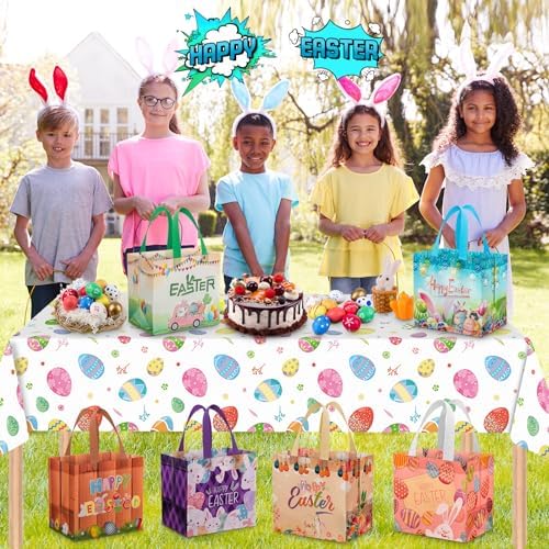 6 Pack Happy Easter Gift Bags with Handles - Reusable Easte Egg Hunt Bag, Multifunctional Non-Woven Spring Tote Goodie Bags for Easter Gifts Wrapping, Party Favors and Supplies, 8.3×8×5.9 inch