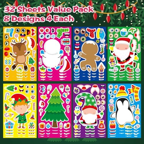 32 Sheets Christmas Stickers for Kids, Make Your Own Sticker, Kid Christmas