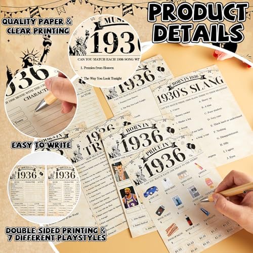 70Pcs 90th Birthday Party Games Born In 1936 Fun 1936 Trivia Music Slang Books Game Double-Sided Game Cards Vintage 90th Birthday Party Supplies for 90 Year Old Activity Anniversary Class Reunion