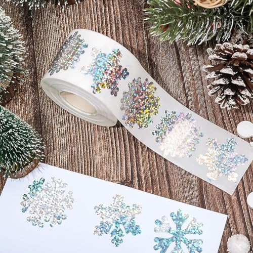 500Pcs Christmas Stickers Roll for Cards 3 Designs Silver Foil Snowflake Stickers Xmas Winter Holiday Adhesive Label Stickers Decal for Xmas Envelopes Invitations Cards Gifts Decor