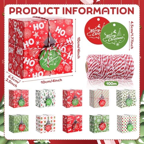 Glenmal 200 Set Christmas Bakery Cookie Boxes Cupcake Containers with Christmas Tree Window Xmas Day Cupcake Candy Goody Treat Gift Boxes with Cotton Rope Label for Xmas Party Favors Supplies