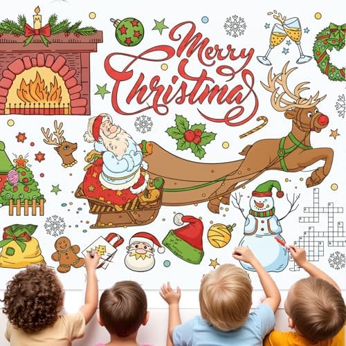 Christmas Coloring Tablecloth 31×72 Inch, Large Table Cover with Santa Claus, Reindeer, Paper Drawing Poster with Christmas Tree, Snowflakes and Gift Designs, Holiday Party Activity and Crafts