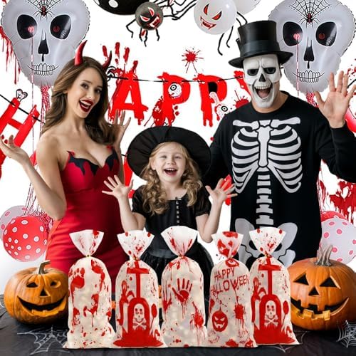 100 PCS Halloween Cellophane Treat Bags(5x11 Inch) with Ties Horror Ghost Blood Theme Trick or Treat Bag Goodie Candy Gifts Bags Pouches for Halloween Wicked Party Favors Supplies Birthday Decorations