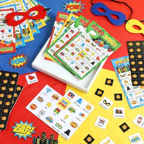 Shappy 35 Pcs Hero Party Bingo Games 24 Player Cartoon Comic Birthday Game