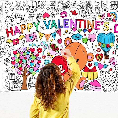 Giant Valentine's Day Coloring Tablecloth, Large Happy Valentine Coloring Poster for Home Birthday Party Supplies, 30x72 Inches