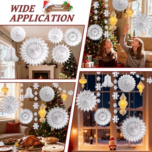 White Christmas Hanging Decorations Set, 3D Paper Honeycomb Ornaments Decorative Honeycomb Bell Lanterns with Lights, Paper Snowflake Fans Garlands for Xmas Tree Winter Wonderland Holiday Party Decor