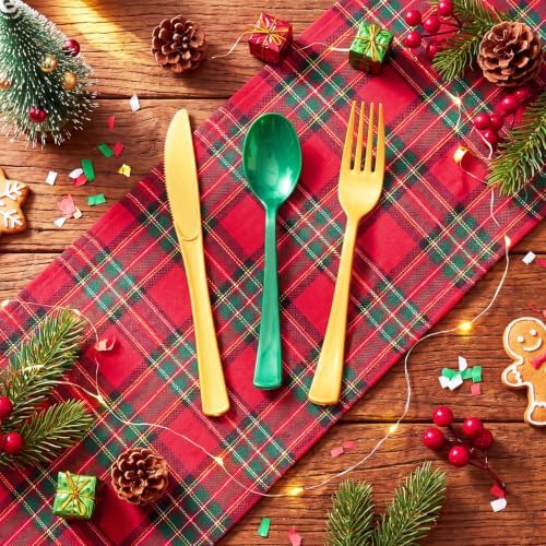 Minatee 180 Pcs Pearlescent Green Gold Plastic Silverware Heavy Duty Cutlery Sets Disposable Utensils for Holiday Birthday Themed Party Supplies, 60 of Each Forks Knives Spoons