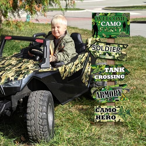 Hooqict 20 Pieces Camo Party Signs Army Birthday Party Decorations Camouflage Military Birthday Party Supplies for Boys Men Army Themed Directional Sign