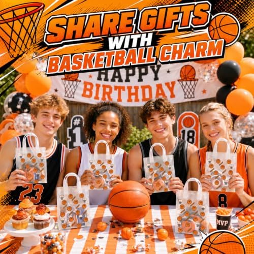 Pajean 24 Pcs Basketball Party Favors Plastic Gift Bags with Handles, 5.9 x 8.7 x 3.1 Inch Basketball Birthday PE Treat Bags, Sport Goody Bag for Classroom Exchange, Sports Event Supplies Decoration