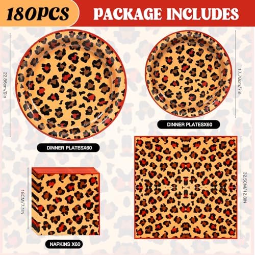 180pcs Red Cheetah Print Plates and Napkins Party Supplies,Serves 60