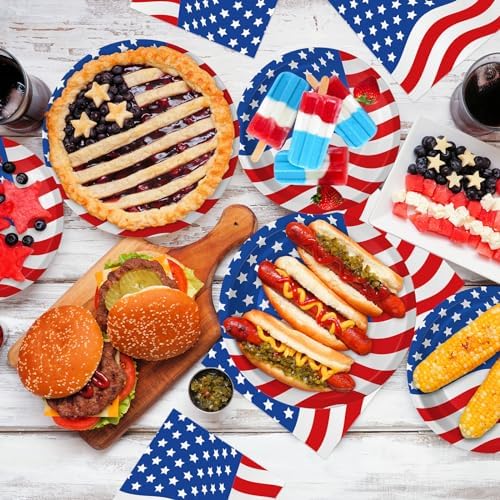 4th of July Plates and Napkins Sets - Patriotic American Flag Party Supplies Tableware, July 4th Disposable Paper Plates Napkins Set for Memorial Day, Independence Day Decorations Table Decor,Serve 50