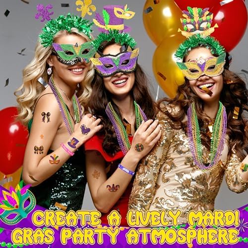 Seifar 172 Pcs Mardi Gras Accessories Set, Purple Green Gold Mardi Gras Beads Necklaces Coins Headbands Bracelets Tattoos for Mardi Gras Masquerade Parade Decor Party Favors Supplies